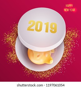 Vector open gift box with yellow pig toy and gold confetti. Happy chinese new year design concept. Minimalistic trendy illustration background for branding banner, cover, poster, card.