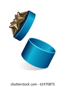 Vector open gift cylinder box with glossy gold bow. Eps 10.