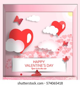 Vector open greeting box for Happy Valentine's Day with pink background, sun, clouds, heart shape, white stripe insert in slots and butterflies cuted from paper inside.