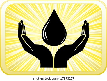 Vector of open hands with drop of oil on the yellow background