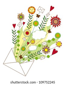 Vector Open Letter with a lot of red hearts, flowers, leaves and other natural elements isolated on white background