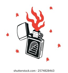 A vector of an open lighter with red flames and a staircase design. Red stars surround it, combining boldness and minimalism with a black, white, and red palette.