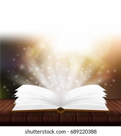 Vector open magic book. Magic poster with book and bright light