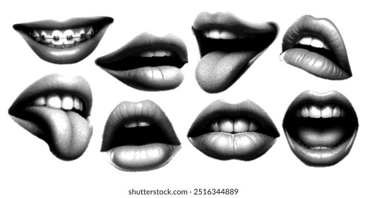 Vector open mouths, screaming and smiling lips. Trendy monochrome elements with a halftone effect for collage, poster, banner, cover design in y2k style. 