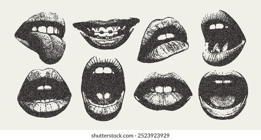 Vector open mouths screaming and smiling lips. Trendy retro photocopy grain effect. Modern stipple dots texture for design art. 