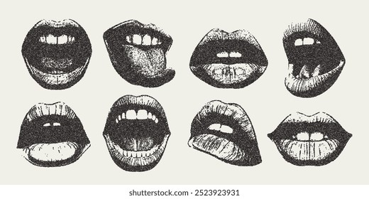 Vector open mouths screaming and smiling lips. Trendy retro photocopy grain effect. Modern stipple dots texture for design art. 