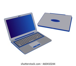 vector open notebook and closed gray laptop is on the surface (image or icon) for your site or computer center, modern information technology, modern gray computer with a blue screen and keyboard