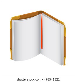 Vector open notebook eps10 3d. Open diary with a leather cover, iron corners and red bookmark. Diary with blank pages.