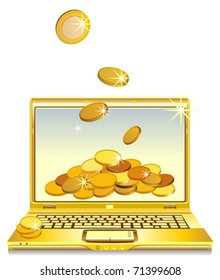 vector open notebook with gold gold coins on the screen