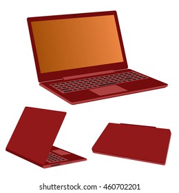 vector open notebook and semi-closed red laptop is on the surface (image or icon) for your site or computer center, modern information technology, red and orange screen with a black keyboard