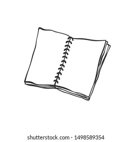 Vector open notebook sketch contour doodle black white illustration.