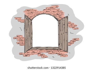 vector - open Old house window, woden