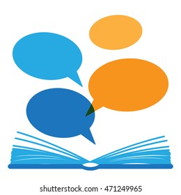 Vector open paper book with speech clouds in flat design style