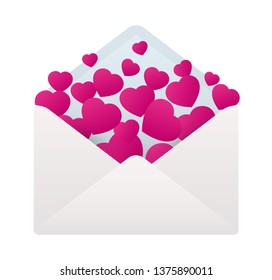 Vector open romantic envelope. Inside many hearts heart. Isolated on white background.