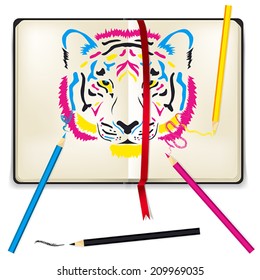 Vector open sketchbook with tiger drawing 