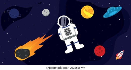 vector open space star with astronaut, planets, ufo, camet and rocket. flat image of space objects in space.