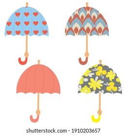 Vector open stick umbrellas with different designs isolated on white background. Graphic illustration in cartoon flat style. Women's accessory.