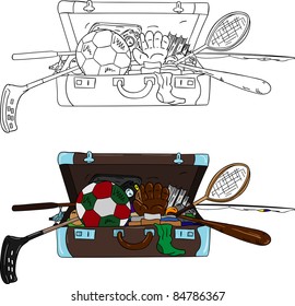 vector - open suitcase full of things, isolated on background