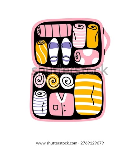 Vector open suitcase with neatly packed clothing, towel and slipper. Organized travel luggage illustration in flat style for vacation, trip and summer holiday theme.