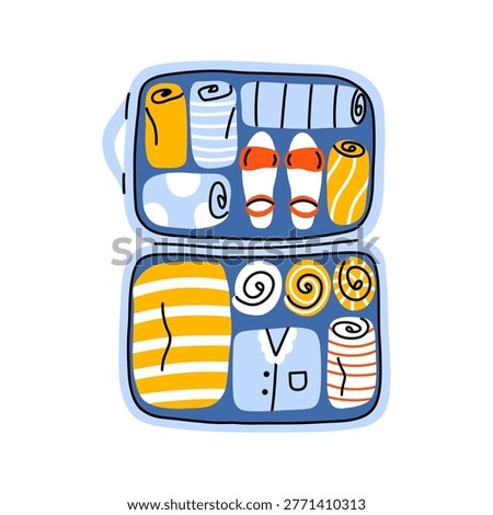 Vector open suitcase with neatly packed clothing, towel and slipper on blue interior. Organized travel luggage illustration in flat style for vacation, trip and summer holiday theme.
