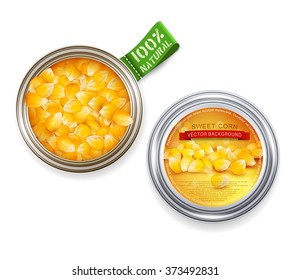 vector open tin can with grains of maize and cans with the label isolated on wtite background