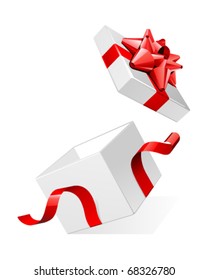 Vector open white gift present surprise box with shiny red bow