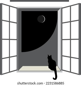 Vector open window cat. Night loneliness moonlight.