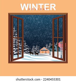 Vector: Open windows welcome winter holiday. 