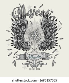 VECTOR OPEN WINGS T SHIRT DESIGN PRINT WITH TEXT LETTERING LAYOUT MAJESTIC WITH BANNER AND FEATHERS WITH STARS AND RAYS IN BACK GROUND