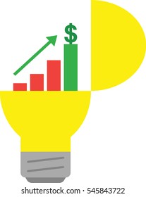 Vector open yellow light bulb with business chart and dollar on top and arrow moving up.