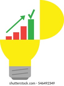Vector open yellow light bulb with business chart arrow pointing up and check mark on top.
