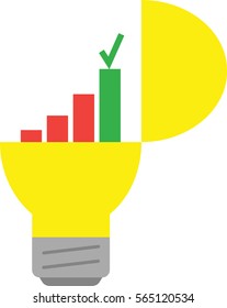 Vector open yellow light bulb with business chart and check mark on top.