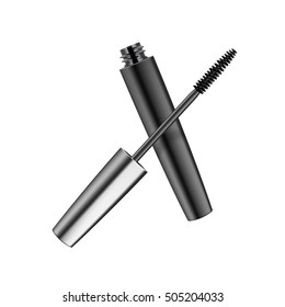 Vector Opened Black Realistic Mascara in Dark Metallic Shiny Tube Isolated on White Background