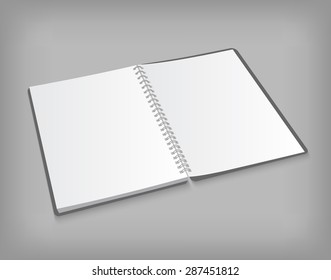 Vector opened blank spiral notebook on gray background with soft shadows. Realistic EPS 10illustration.