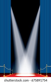 vector opened blue curtain stage with red carpet, golden fence and two spotlights, vertical show business background