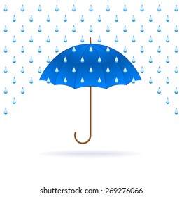 Vector opened blue umbrella and rain on white background.