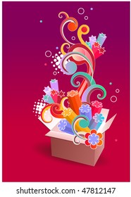 Vector opened box with bright abstract spirals and flowers.