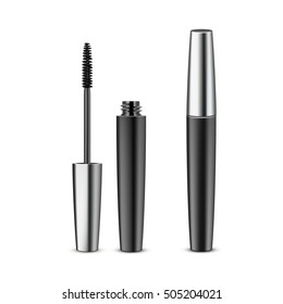 Vector Opened Closed Black Realistic Mascara in Dark Metallic Shiny Tube Isolated on White Background