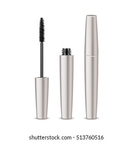 Vector Opened Closed Black Realistic Mascara in White Shiny Tube Isolated on White Background