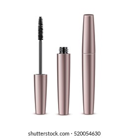 Vector Opened Closed Black Realistic Mascara in Pink Shiny Tube Isolated on White Background