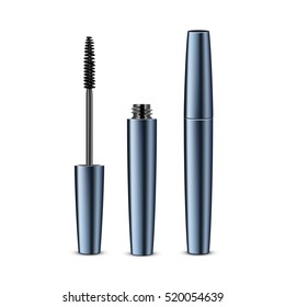 Vector Opened Closed Black Realistic Mascara in Blue Shiny Tube Isolated on White Background