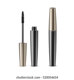 Vector Opened Closed Black Realistic Mascara in Dark Golden Shiny Tube Isolated on White Background