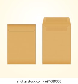 Vector opened and closed brown envelopes. Isolated mockup template of brown recycled paper envelope for business letter, advertisement, invitation cards or money.