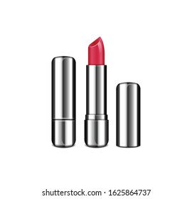 Vector opened and closed lipstick tube template. Lip cream, silver realistic packaging for your design
