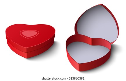 Vector opened and closed red gift box in shape of heart isolated. Christmas and new year symbol.