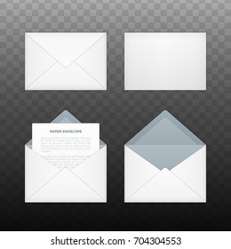 Vector opened and closed white envelopes. Isolated on transparent background mockup template of white paper envelope for business letter, advertisement, invitation cards or money.