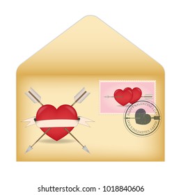 vector opened envelope with a painted heart and arrow. postage stamp and stamp in honor of Valentine's day.
