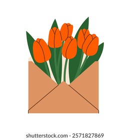 Vector opened envelope with tulips. Valentine's Day symbol, love mail with red flowers. Cartoon flat style illustration isolated on white background