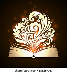 Vector opened magic book with ornamental patterns and lights