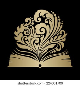 Vector opened magic book with ornamental patterns 